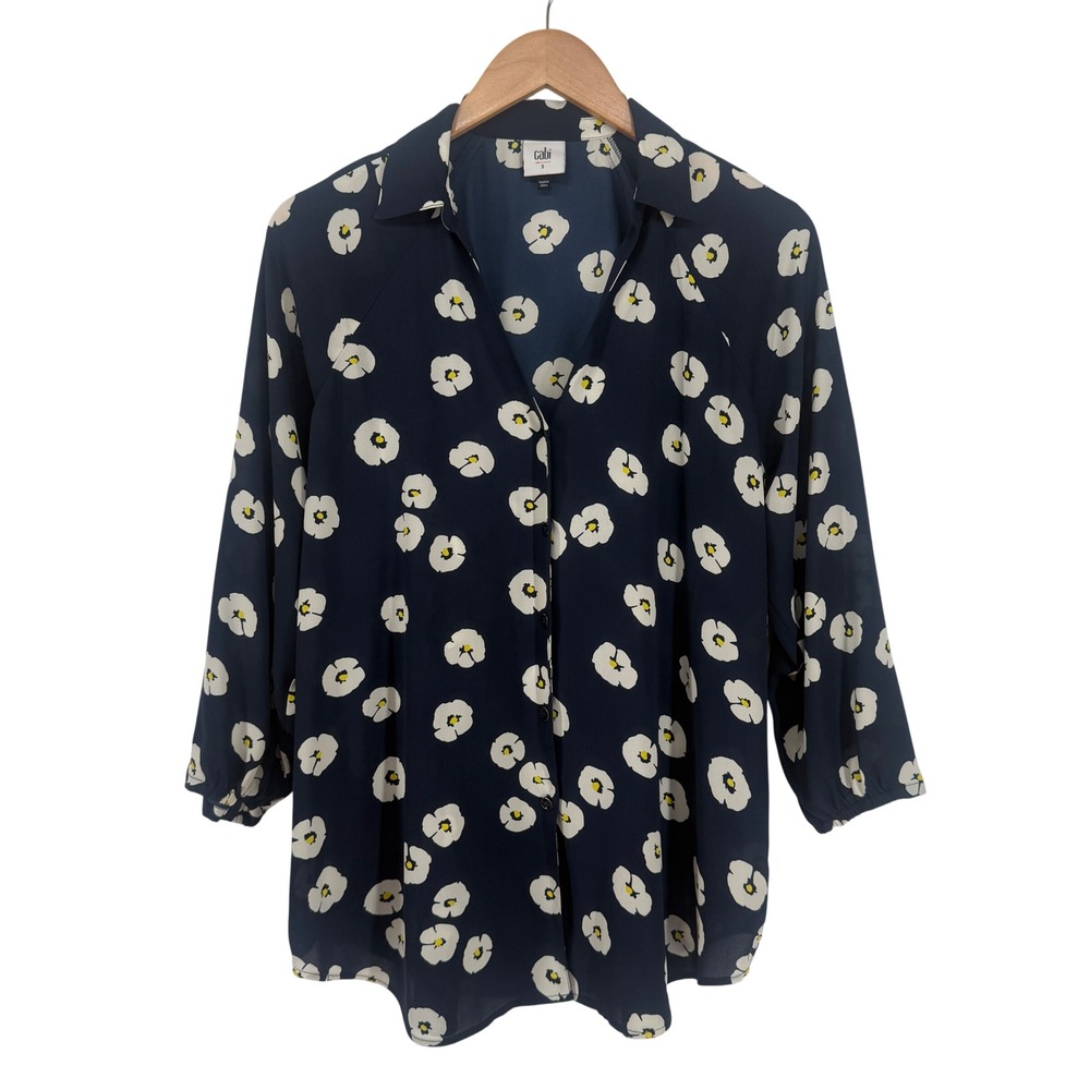 Cabi Posey Blouse Womens Small Navy Blue Floral V-Neck Long Sleeve